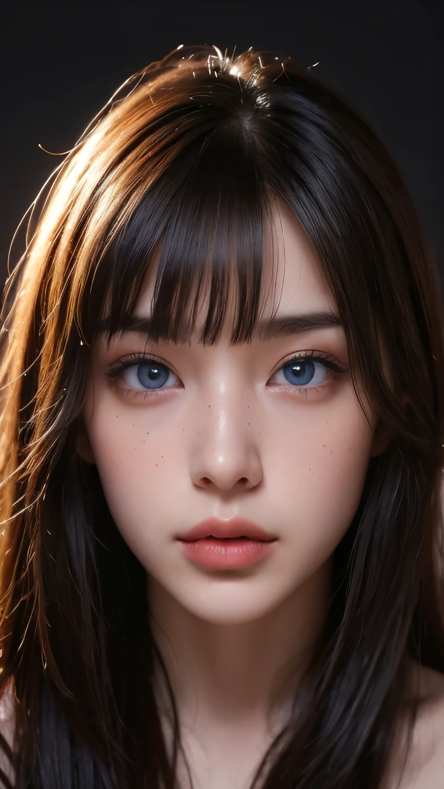 masterpiece, best quality, ultra-detailed, facing the camera head on, intricately detailed hyperdetailed, realistic, sharp features, highly detailed, sharp focus, perfect face, perfect face, perfect symmetrically perfect eyes, perfect full lips, flexible female form, cinematic, film light, hyper detailed, hyper realistic, masterpiece, atmospheric, high resolution, vibrant, dynamic studio lighting, nsfw, ((Dark background)), Sexy face, Facial expressions when receiving pleasure, straight Bangs, blue Eyes, black sweater, freckles,