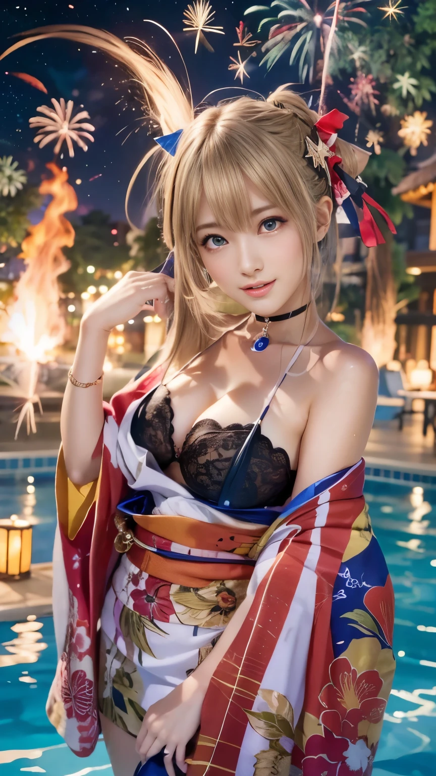 Tears of joy, (Sexy kimono), (Pool at night, Starry Sky, fire works:1.5), Background is the moon sky, doaxvv_Marie Rose, 1girl, big bouncing busts, black choker, uhd, retina, masterpiece, accurate, anatomically correct, textured skin, super detail, high details, high quality, best quality, highres, 4K