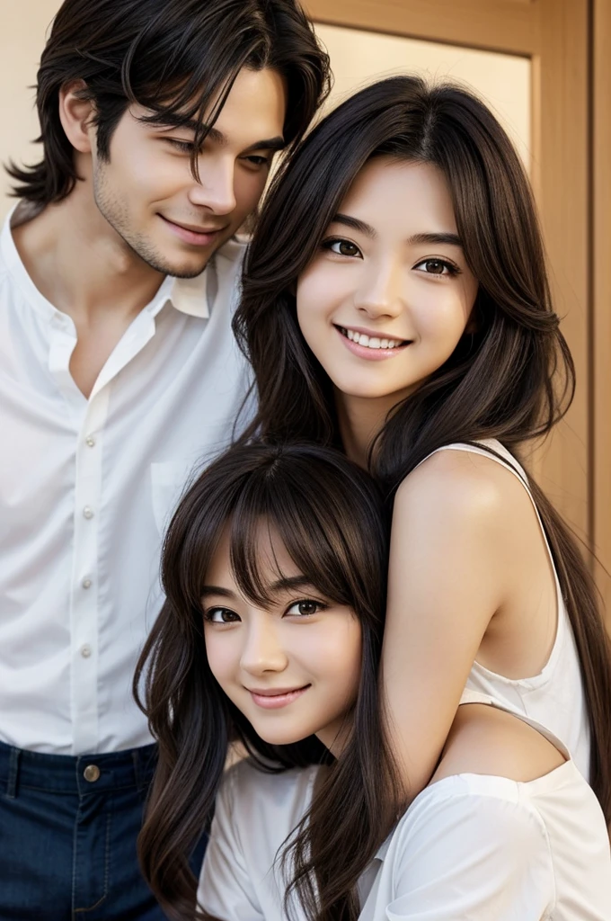 An anime style woman, She has shoulder-length hair down her back., his hair is wavy, His hair is dark brown, he is smiling., He has a white shirt, the shape of his face is circular but marked, She has brown eyes and is white., he has a little tiredness in his eyes, is beautiful