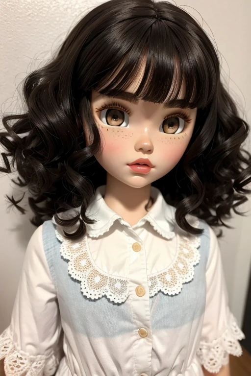 blythe doll with curly hair dark eyes freckles 