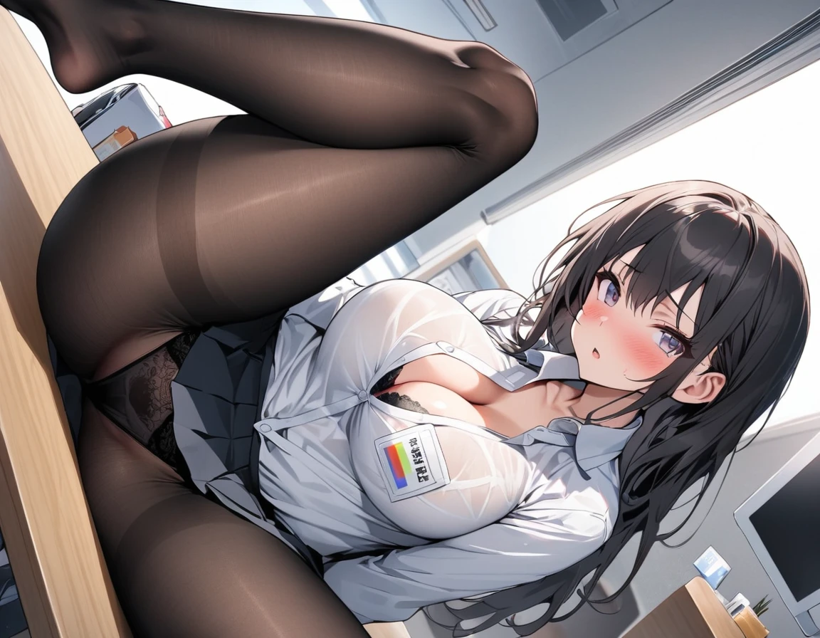 One Girl, alone, ((White shirt)), Black knee socks, With pride, Cleavage,Black panties,Show off your panties to your audience,Spread your legs wide,脚をSpread your legs,I can see your pants,Spread your legs and show me your panties,Her shirt was turned up、Bra is visible,Spread your legs,Black bra,Big Ass,Big Breasts,Low - Angle,Chair下からのアングル, Cowboy Shot,uniform, officeの背景, Black Skirt, Pleated skirt, Very short skirt,pantyhose,office,E Cup, Look at the viewers, alone, Thighs ((masterpiece)), sit, Chair, desk work, Computer on the desk, Name tag, ID Day, in house, blush, pose、standing behind、Highest quality、High resolution