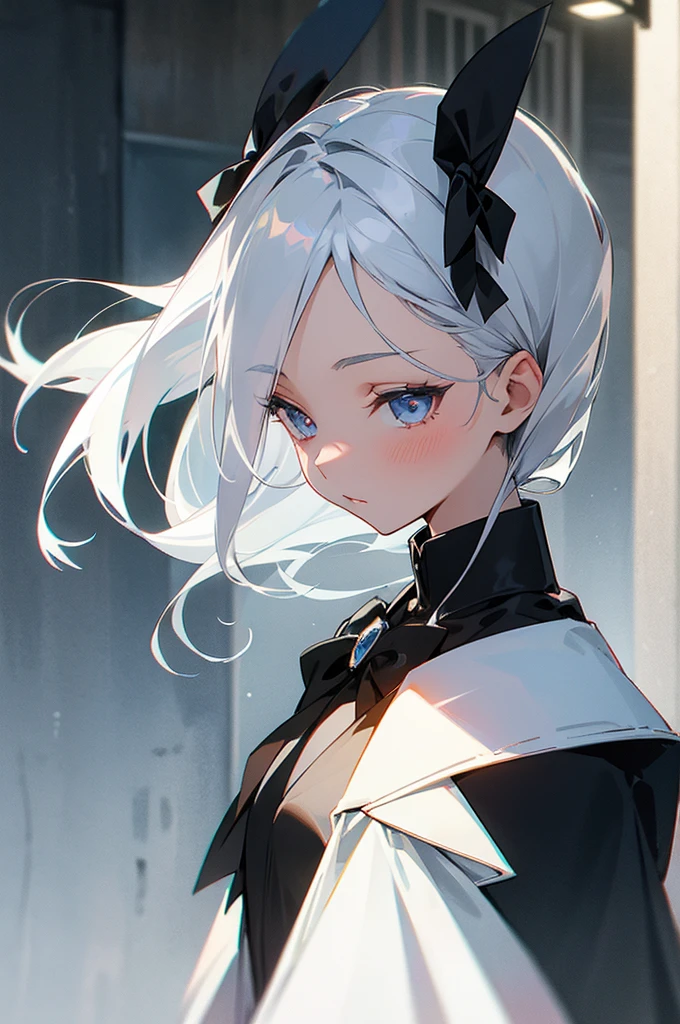 Silvery-white hair,There is a black bow on the head,teens girl,Women's suits,The background is under the street lamp