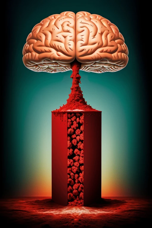 Create a surreal work of a bloody brain, make sure it is vertical.