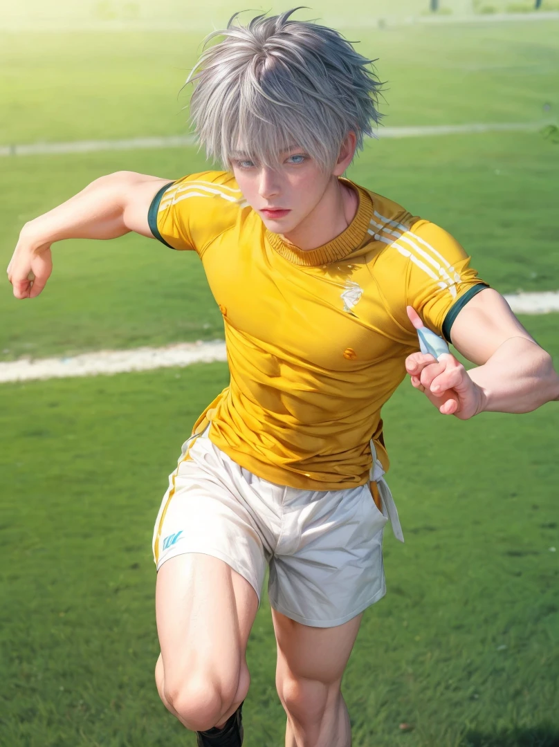 1boy, adult, handsome, perfect face, detailed eyes and face, clean shaved, sixpack realistic, white eyebrow hair, white eyelashes, dynamic lighting, unreal engine 5, hd picture, satoru gojo, white hair, short hair ,hair between eyes ,blue eyes, white skin,