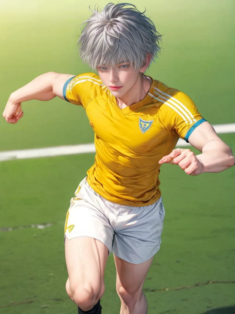 1boy, adult, handsome, perfect face, detailed eyes and face, clean shaved, sixpack realistic, white eyebrow hair, white eyelashes, dynamic lighting, unreal engine 5, hd picture, satoru gojo, white hair, short hair ,hair between eyes ,blue eyes, white skin,