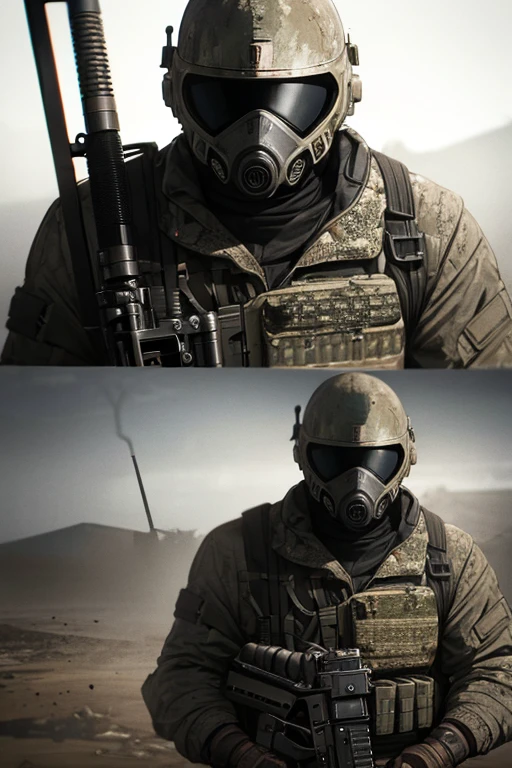 man in special forces gear, face covered by tactical helmet, holding assault rifle, post-apocalyptic wasteland background, realistic, highly detailed, cinematic lighting, dramatic composition, gritty, muted color palette, moody atmosphere