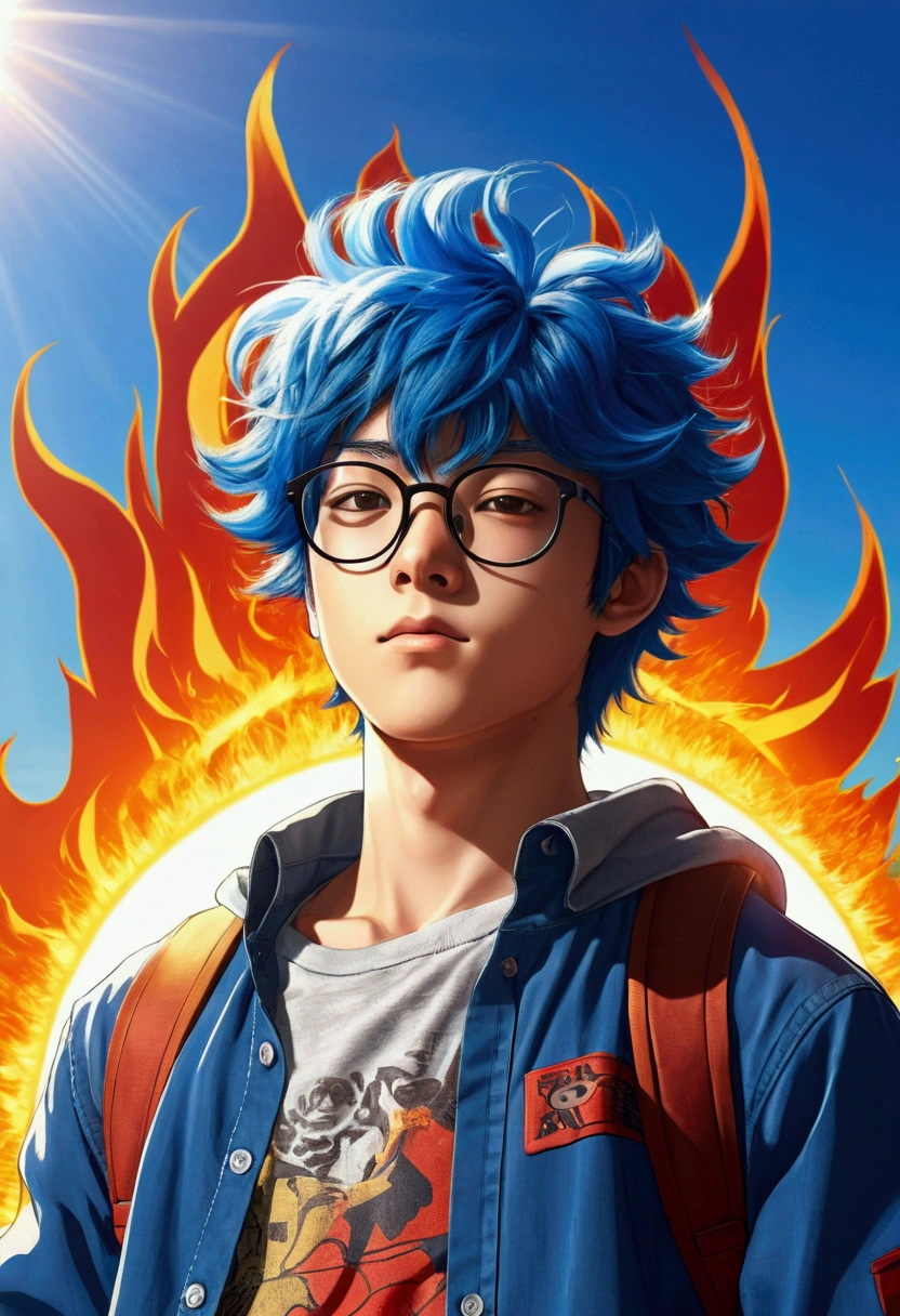 generate an anime style image of Akira, the blue hair, glasses-wearing studious boy being burned by the rays of the sun