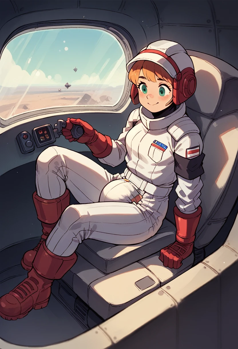 Cute astronaut girl pooping her diaper in her spacesuit and spaceship cockpit 