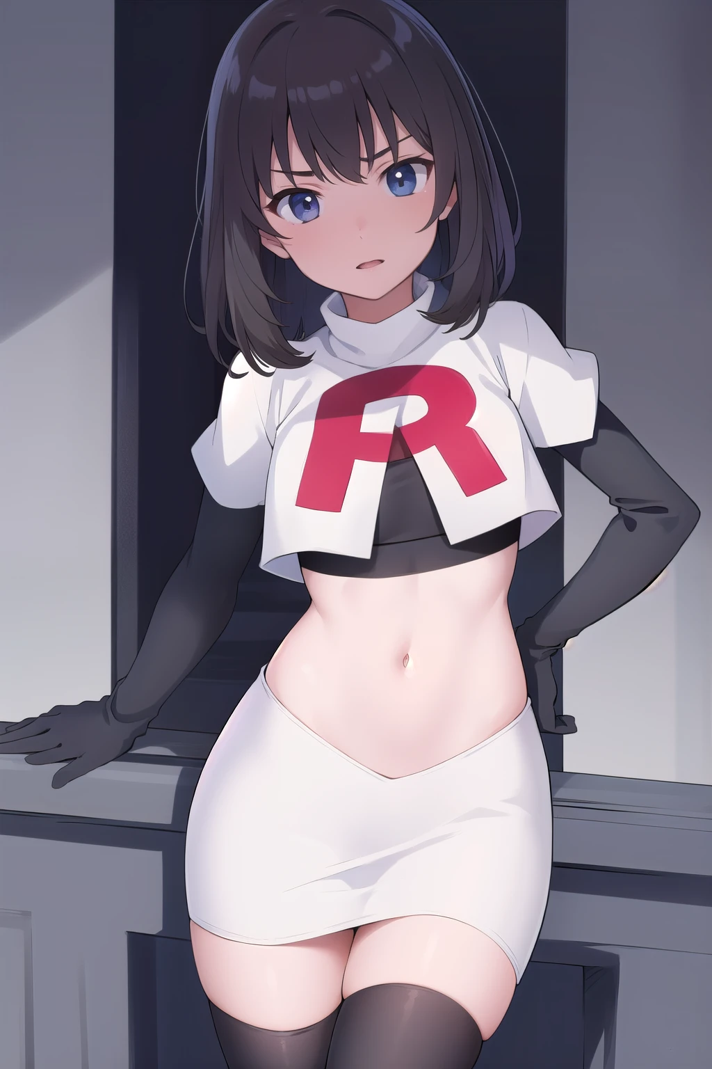 masterpiece, best quality, absurdres, perfect antomy, 1girl, solo, Itsumi Erika, bangs, team rocket,team rocket uniform,white skirt,red letter R,crop top,black thigh-highs,black elbow gloves