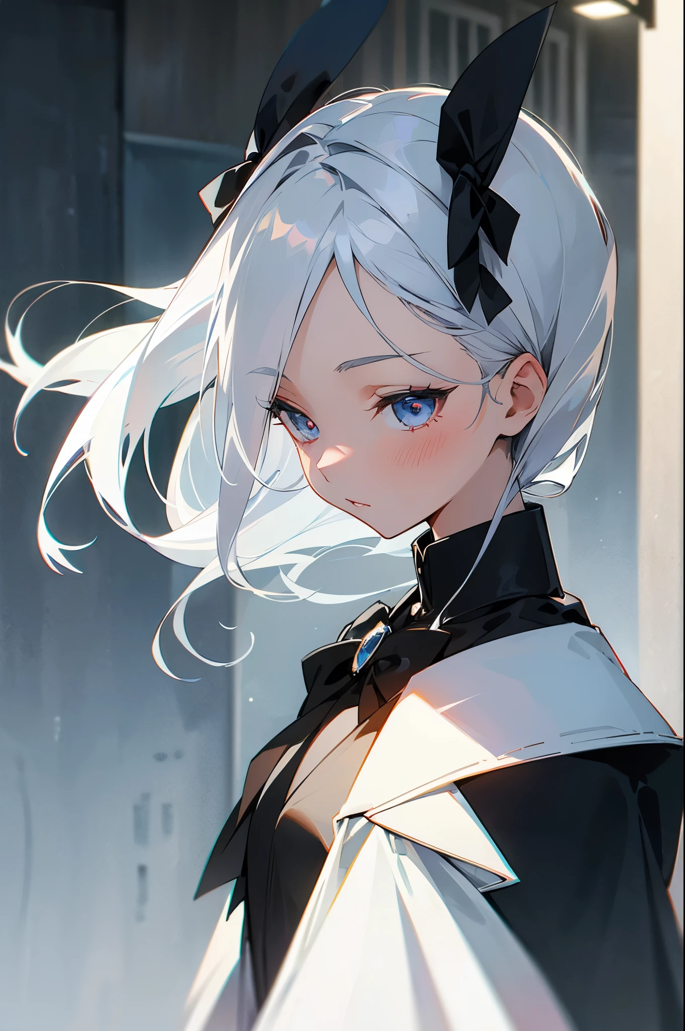 Silvery-white hair，There is a black bow on the head，teens girl，Women's suits，The background is under the street lamp