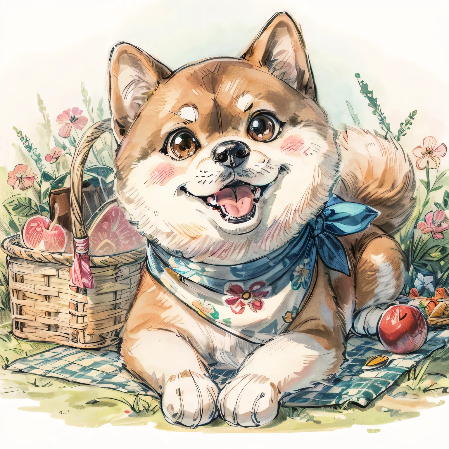 {Lowest Quality, Low Quality)}, Realistic cute Shiba Inu illustration going on a picnic, Best Quality, Super Detailed,