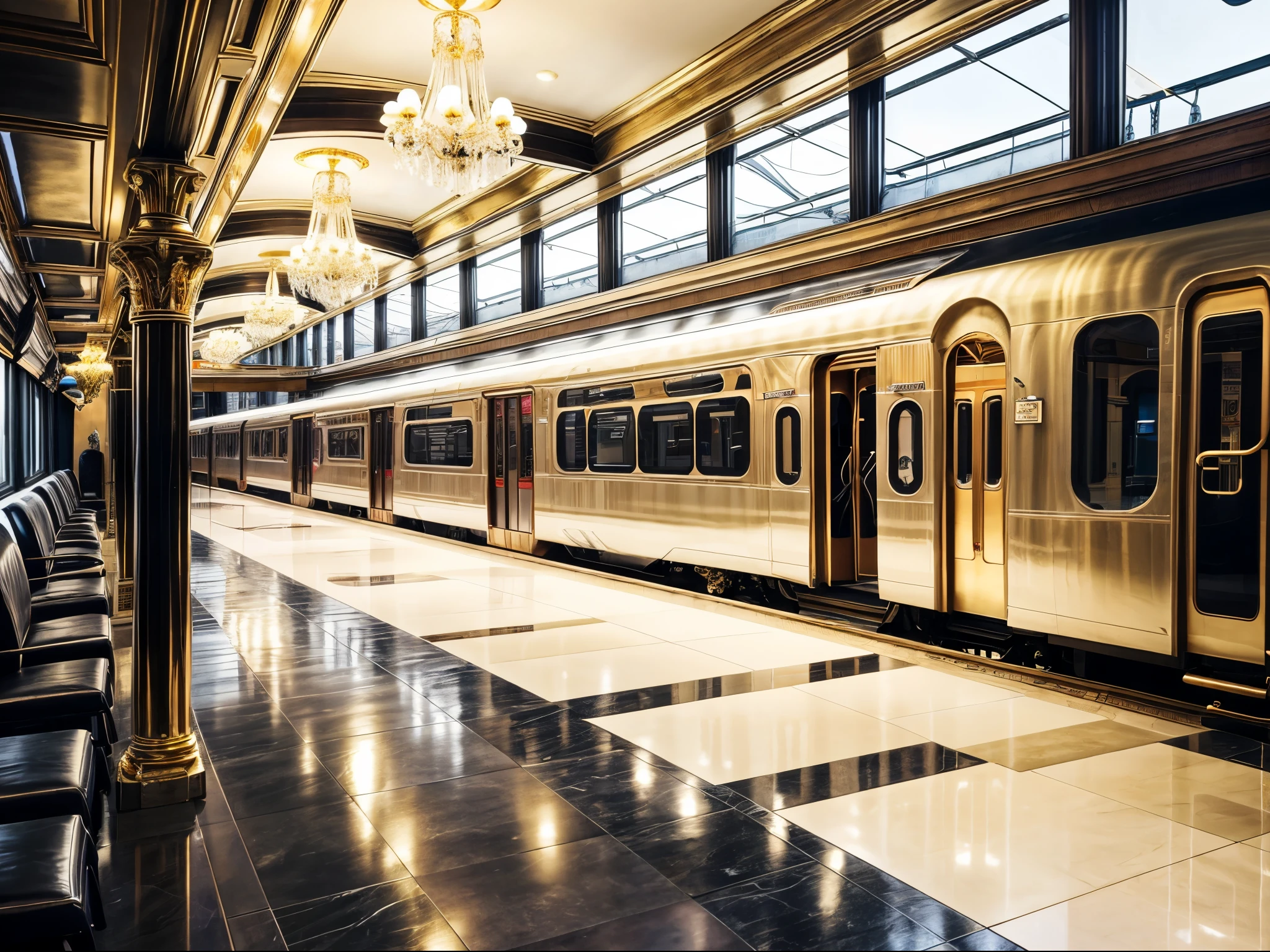 luxurious train station, modern design, sleek architecture, elegant decor, marble floors, gold accents, contemporary chandeliers, spacious hall, high ceilings, large windows, polished surfaces, premium materials, sophisticated lighting, stylish seating, opulent atmosphere, refined decor, upscale ambiance, luxury train, sleek design, parked at platform