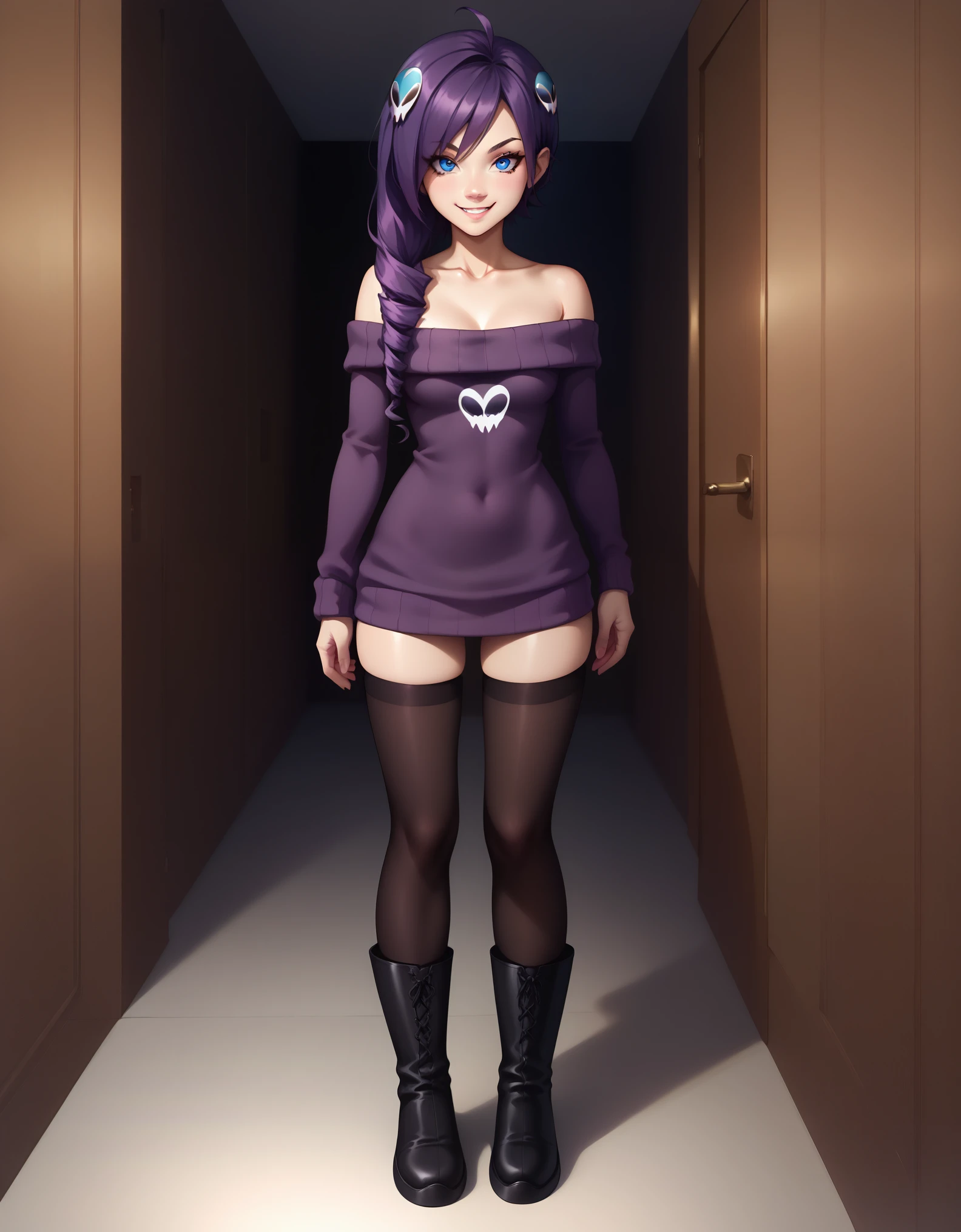 1girl, zonetan, drill hair, long hair, purple hair, skull hair ornament, ahoge, blue eyes, off-shoulder sweater, hip-high stockings, boots, standing, smile, front view, full body