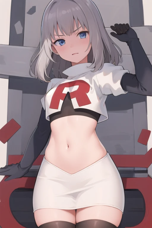 masterpiece, best quality, absurdres, perfect antomy, 1girl, solo, Itsumi Erika, bangs, team rocket,team rocket uniform,white skirt,red letter R,crop top,black thigh-highs,black elbow gloves