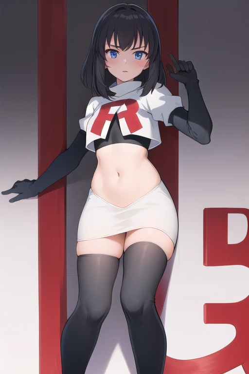 masterpiece, best quality, absurdres, perfect antomy, 1girl, solo, Itsumi Erika, bangs, team rocket,team rocket uniform,white skirt,red letter R,crop top,black thigh-highs,black elbow gloves