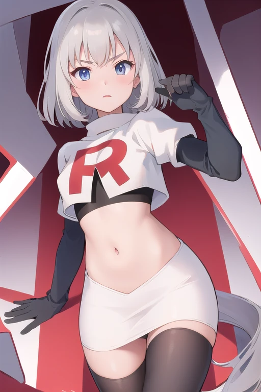 masterpiece, best quality, absurdres, perfect antomy, 1girl, solo, Itsumi Erika, bangs, team rocket,team rocket uniform,white skirt,red letter R,crop top,black thigh-highs,black elbow gloves