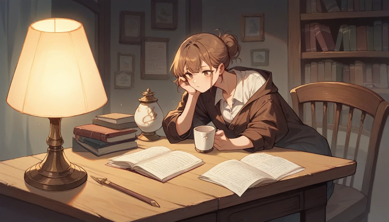A table with a lot of leather and brown books and a white cup with a wooden reading lamp