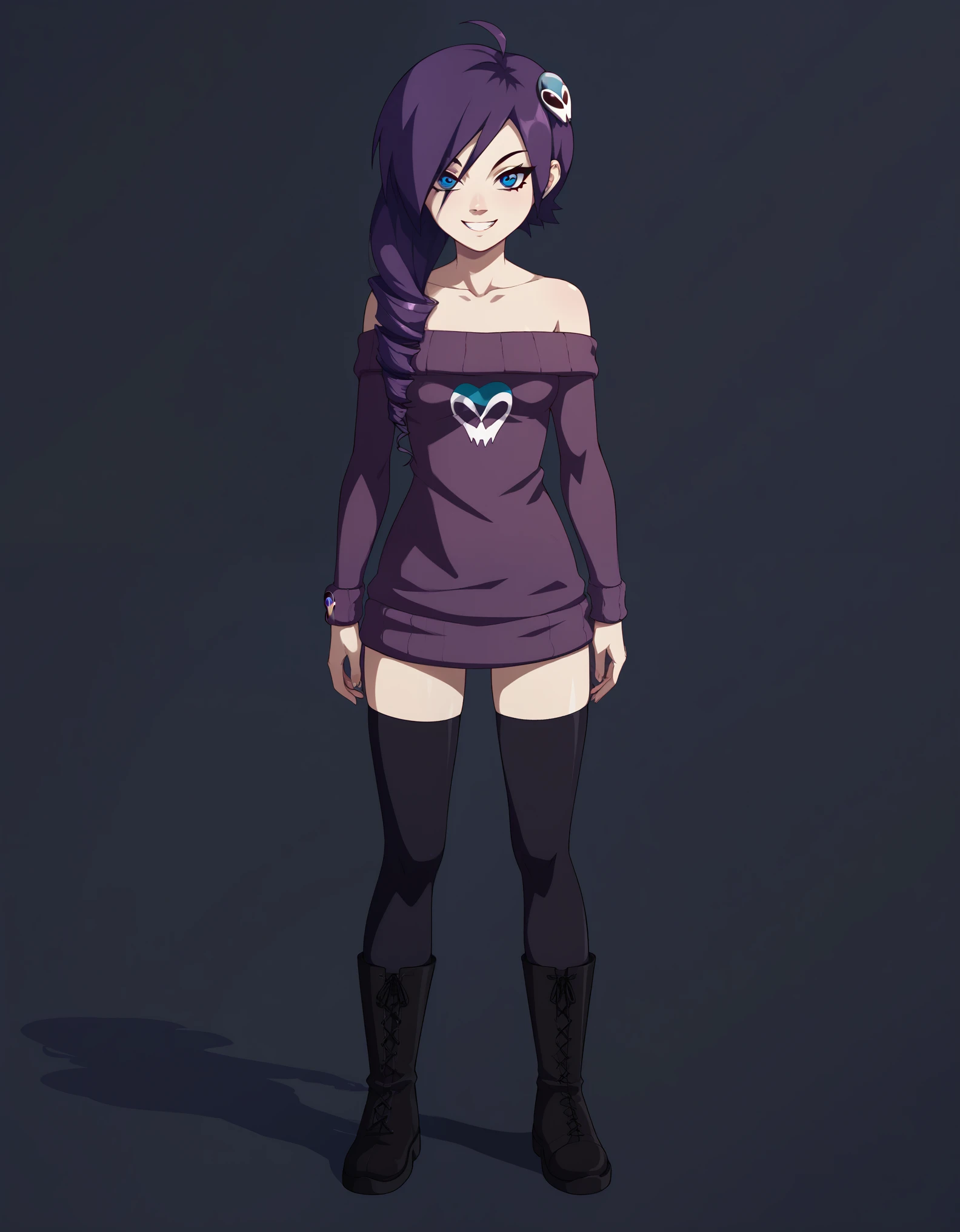 1girl, zonetan, drill hair, long hair, purple hair, skull hair ornament, ahoge, blue eyes, off-shoulder sweater, hip-high stockings, boots, standing, smile, front view, full body