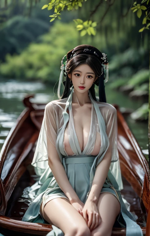 Colorful hair, Headband, Surrealism, light, close up, Ultra HD, High Detail, masterpiece  国风，outdoor，A gentle Chinese classical woman，（Huge Breasts，）Wearing light green chiffon Hanfu，Cleavage，Sitting in a wooden boat，Many lotus flowers in the lake，Deep in the Lotus Flower，high quality，masterpiece，Chinese classical style，Ultra Detail