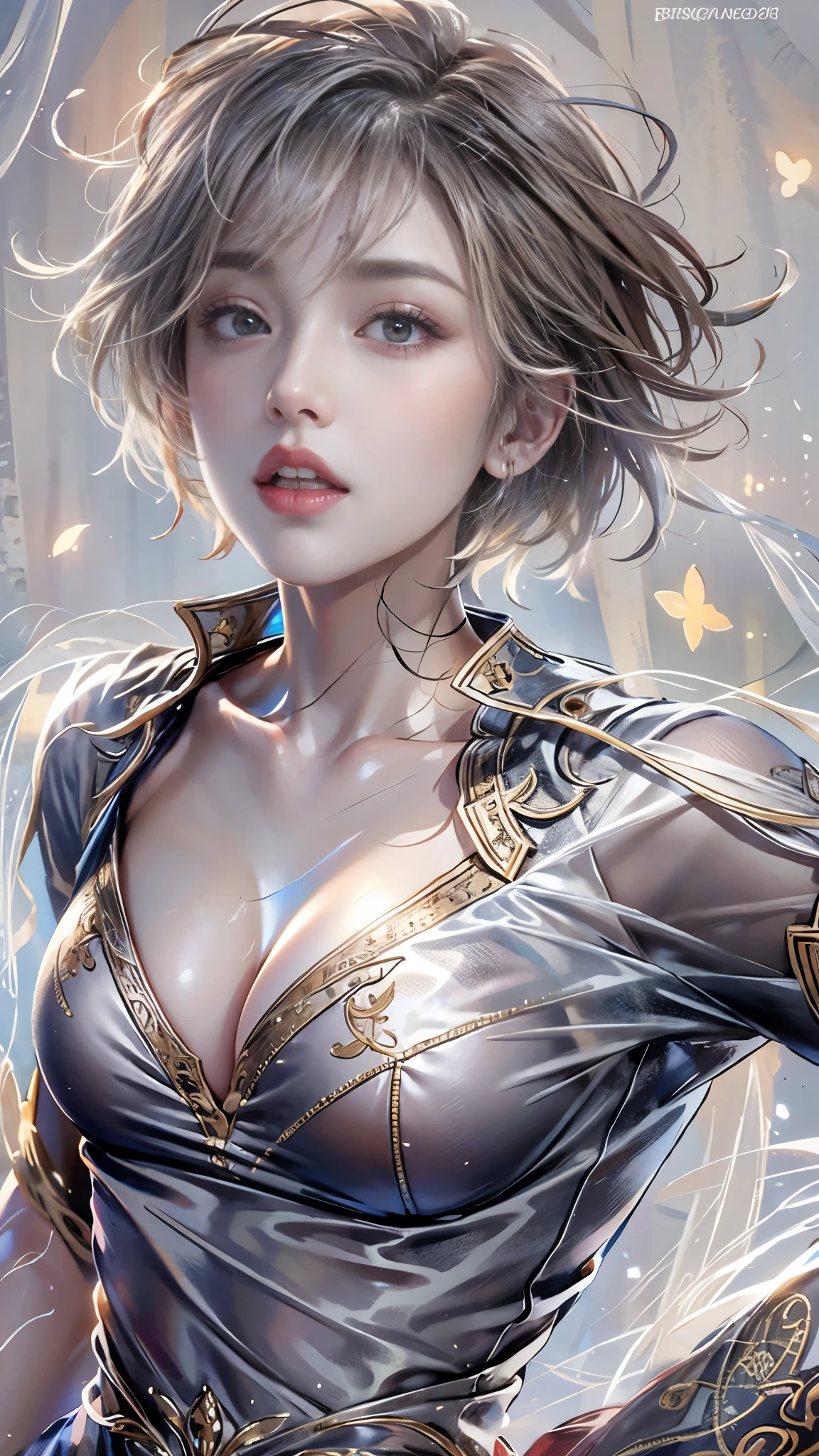 Highest quality, Realistic, photoRealistic, Award-winning illustrations, (Intricate details: 1.2), (Subtle details), (Intricate details), (Cinematic Light, Super sexy short hair super girl, huge firm bouncing chests, dynamic sexy poses, Upper body close-up