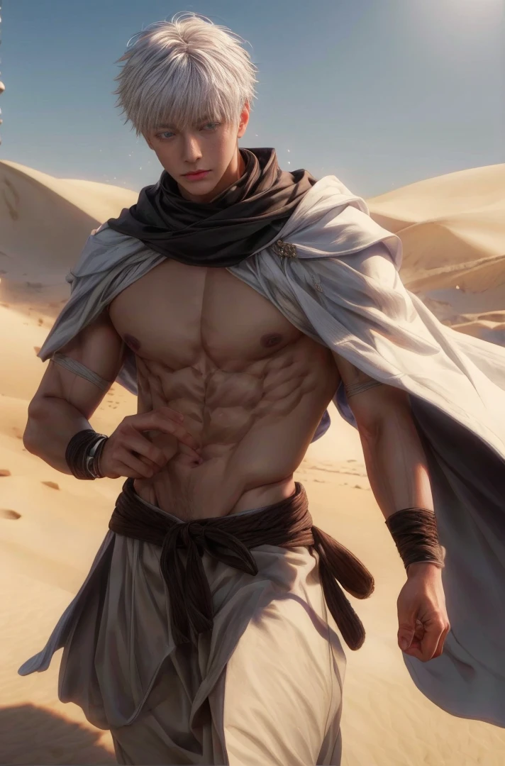 1boy, adult, handsome, perfect face, detailed eyes and face, clean shaved, sixpack realistic, white eyebrow hair, white eyelashes, dynamic lighting, unreal engine 5, hd picture, satoru gojo, white hair, short hair ,hair between eyes ,blue eyes, white skin, desert background