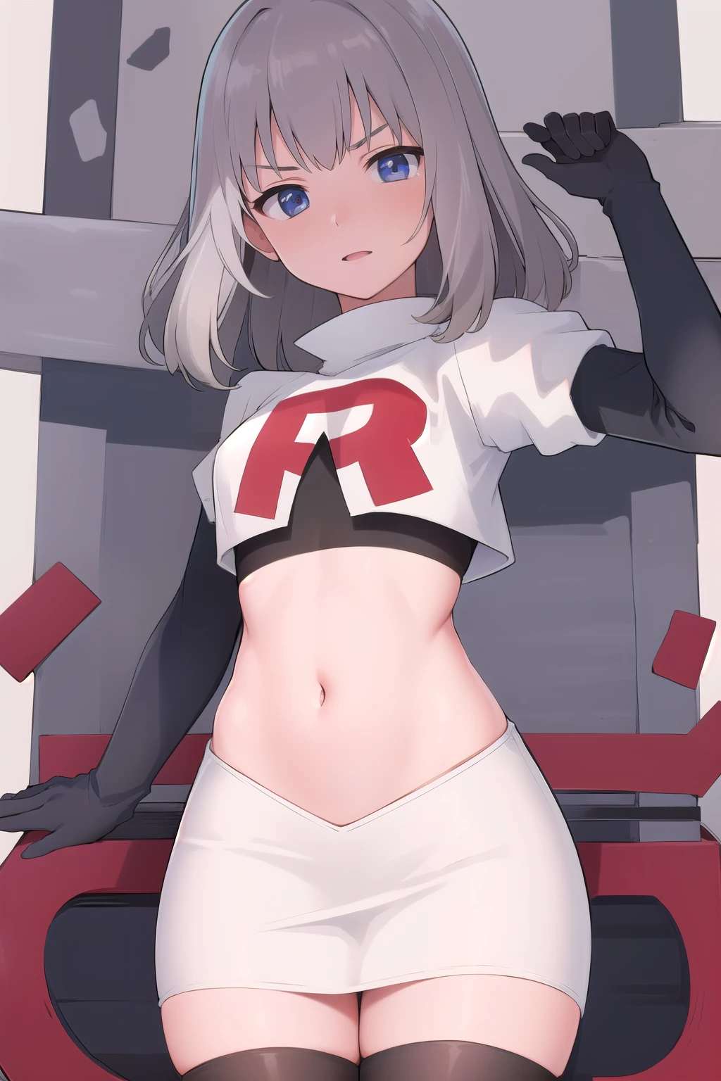 masterpiece, best quality, absurdres, perfect antomy, 1girl, solo, Itsumi Erika, bangs, team rocket,team rocket uniform,white skirt,red letter R,crop top,black thigh-highs,black elbow gloves