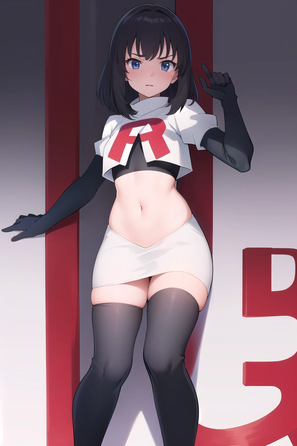 masterpiece, best quality, absurdres, perfect antomy, 1girl, solo, Itsumi Erika, bangs, team rocket,team rocket uniform,white skirt,red letter R,crop top,black thigh-highs,black elbow gloves