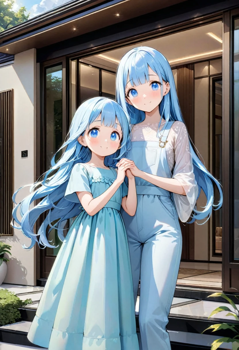 masterpiece, best quality, extremely detailed, (illustration, official art:1.1), 1 girl ,(((( light blue long hair)))), ,(((( light blue long hair)))),light blue hair, , long hair ((blush)) , cute face, big eyes, masterpiece, best quality,(((((a very delicate and beautiful girl))))),Amazing,beautiful detailed eyes,blunt bangs((((little delicate girl)))),(((tareme))),droopy eyes.(true beautiful:1.2), sense of depth,dynamic angle,,,, affectionate smile, (true beautiful:1.2),,(tiny 1girl model:1.2),)(flat chest),smile、4 year old child２people、Holding hands and taking a walk、, proudly showing her their luxurious, modern home. The home is elegant and sophisticated, seamlessly blending with the surrounding lush greenery. The scene exudes a warm, aesthetic vibe, with soft, inviting colors and gentle lines, capturing the love and pride in the young man's eyes as he presents their stunning residence to his mother. The house features sleek architecture, large windows, and stylish design elements, ensuring a contemporary and luxurious feel. The overall atmosphere is serene and enchanting, evoking a sense of beauty, tranquility, and modern opulence.a family of 3 posing in front of a house