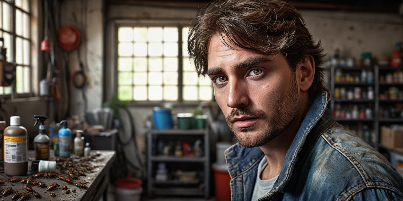 a burly man in the background of the scene, full body with brown hair, wearing dirty clothes, doing pest control inappropriately holding a poison spray in his hand killing insects, in a dirty garage, with many rats and cockroaches around and behind all in all a rack of poisons. (best quality, 4k, 8k, high resolution, masterpiece: 1.2), ultra detailed, (realistic, photorealistic, photorealistic: 1.37), HDR, UHD, studio lighting, ultra-fine painting, sharp focus, physics based rendering, extreme details representation, professional, vivid colors, bokeh, detailed eyes, detailed lips, extremely detailed eyes and face, long eyelashes, photorealism, cinematic lighting, dramatic shadows, high contrast, gritty, dirty, messy, rustic, industrial