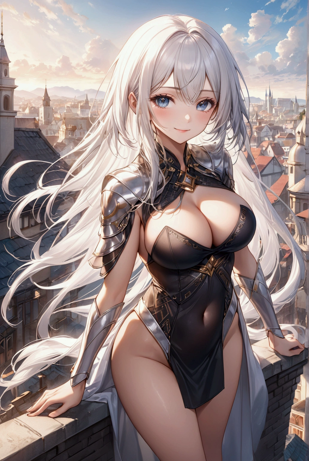 (Highest quality, 8k, 32K, masterpiece, Ultra-high resolution,:1.2),born, One girl,Super cute , Natural light,Clear, shining eyes, 20-year-old ,Fair skin, Girl with white hair, Woman warrior, Sexy pose, An innocent smile, In town, A fantasy background reminiscent of an electronic world, Long Hair, Long Hair, Large Breasts, adult, rooftop,Woman warrior,