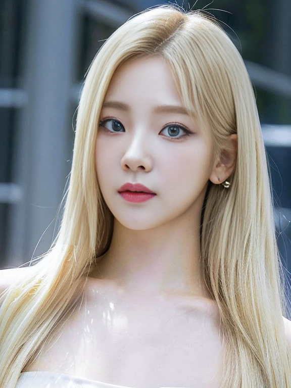 a closeup of a woman with long blonde hair and deep blue eye tattoos, Portrait of Jossi from Blackpink, ulzzang, South Korean popular makeup, pale porcelain white skin, korean idol woman portrait, Korean artist, Jinyoung Shin, Jaeyeon Nam, with long hair and piercing eyes, korean girl, long blonde hair and big eyes, roseanne park by blackpink