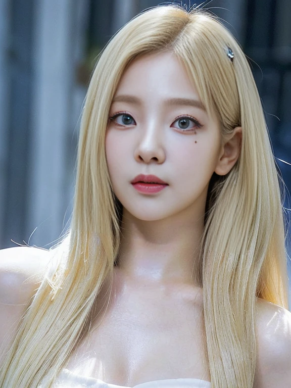 a closeup of a woman with long blonde hair and deep blue eye tattoos, Portrait of Jossi from Blackpink, ulzzang, South Korean popular makeup, pale porcelain white skin, korean idol woman portrait, Korean artist, Jinyoung Shin, Jaeyeon Nam, with long hair and piercing eyes, korean girl, long blonde hair and big eyes, roseanne park by blackpink