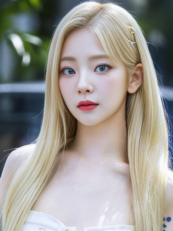 a closeup of a woman with long blonde hair and deep blue eye tattoos, Portrait of Jossi from Blackpink, ulzzang, South Korean popular makeup, pale porcelain white skin, korean idol woman portrait, Korean artist, Jinyoung Shin, Jaeyeon Nam, with long hair and piercing eyes, korean girl, long blonde hair and big eyes, roseanne park by blackpink