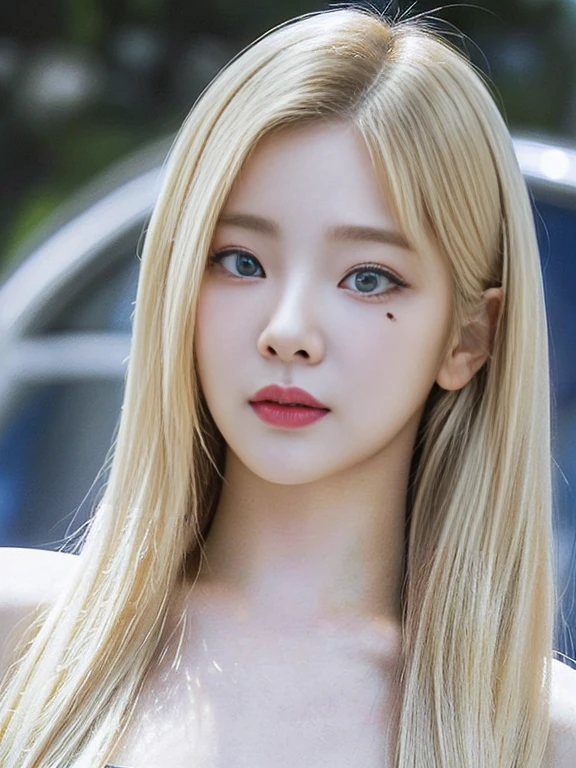 a closeup of a woman with long blonde hair and deep blue eye tattoos, Portrait of Jossi from Blackpink, ulzzang, South Korean popular makeup, pale porcelain white skin, korean idol woman portrait, Korean artist, Jinyoung Shin, Jaeyeon Nam, with long hair and piercing eyes, korean girl, long blonde hair and big eyes, roseanne park by blackpink