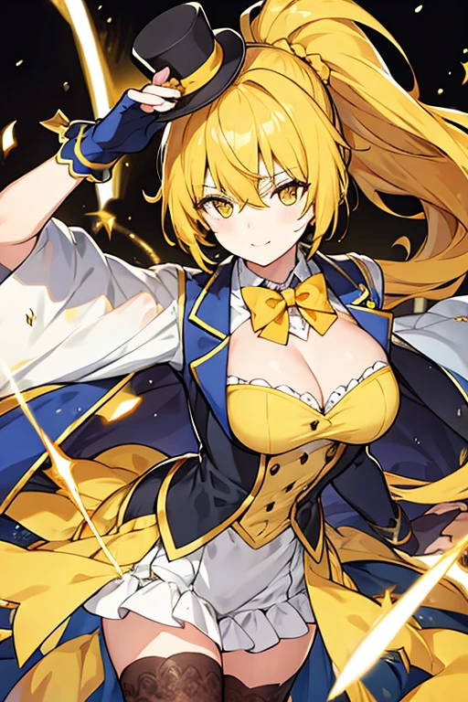 women, yellow ponytail hair, top-hat, blindfolded , magician costume