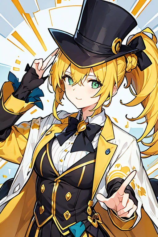 women, yellow ponytail hair, top-hat, blindfolded , magician costume