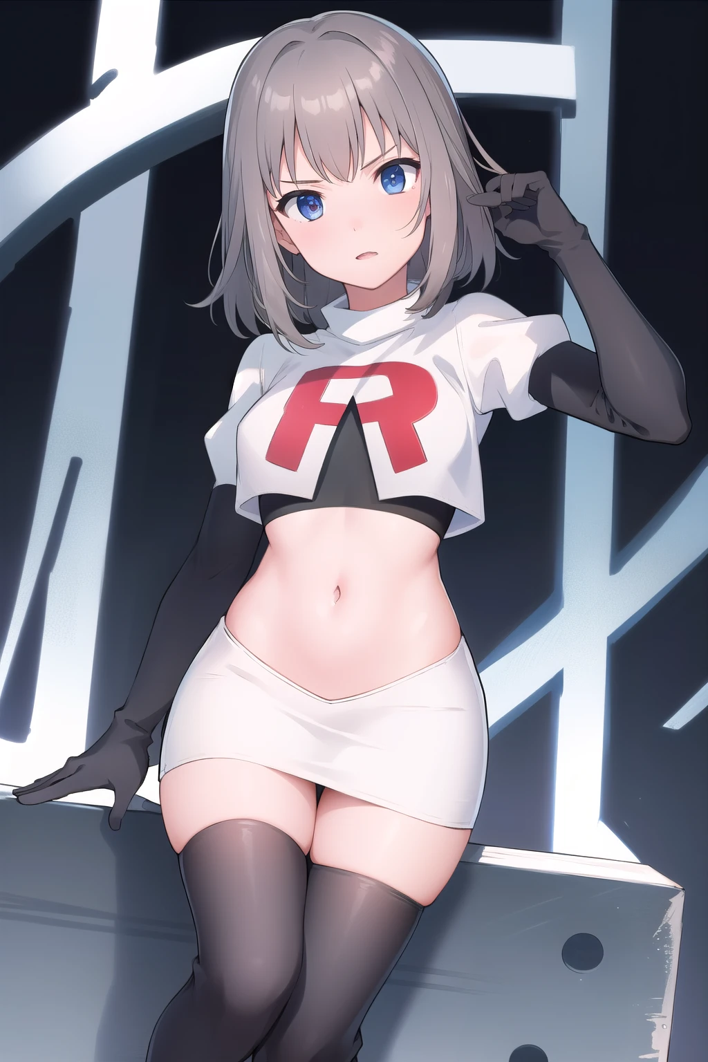 masterpiece, best quality, absurdres, perfect antomy, 1girl, solo, Itsumi Erika, bangs, team rocket,team rocket uniform,white skirt,red letter R,crop top,black thigh-highs,black elbow gloves