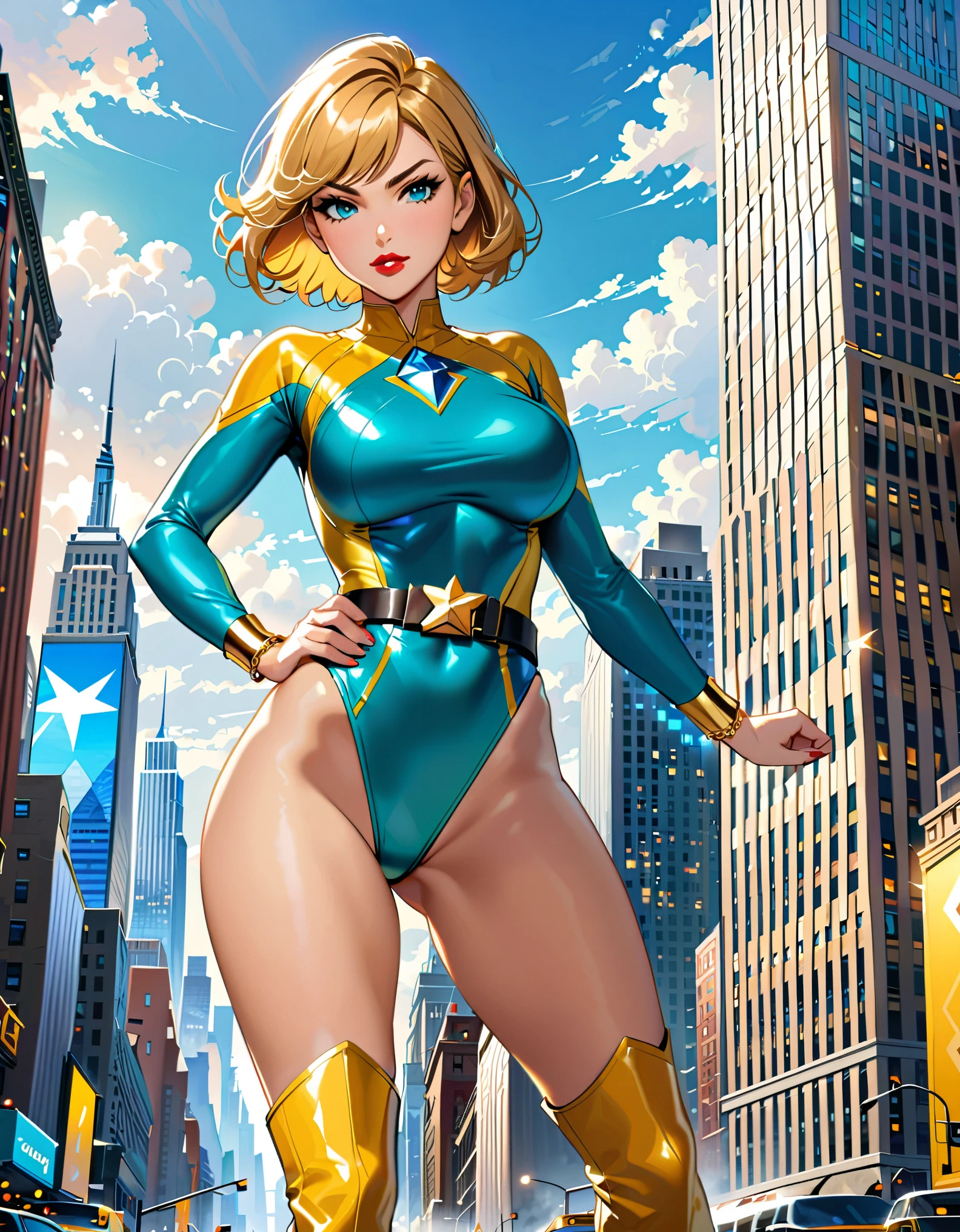 (masterpiece), (best quality), (hires), highly detailed, professional, 1lady, mature lady, tall body, (gold belt, tight belt), blonde hair, short hair, bob hair, blue eyes, beautiful detailed eyes, beautiful detailed face, (ankle-length boots, knee boots, yellow boots, yellow footwear), (large breasts, medium breasts), new york city backdrop, sky, cityscape, hands on hip, (teal and yellow leotard, competition swimsuit, sleeves, long sleeves, tight sleeves, perfect fit, perfect hands, complete fingers), (gold bracelets), (bare legs), red lips, skyscraper, solo, solo focus, superhero, ((gold star symbol on chest)), ((blue diamond belt buckle)), standing, cowboy shot, full body shot, full body with costume, heroic pose, semi-realistic, serious. heroic atmosphere.