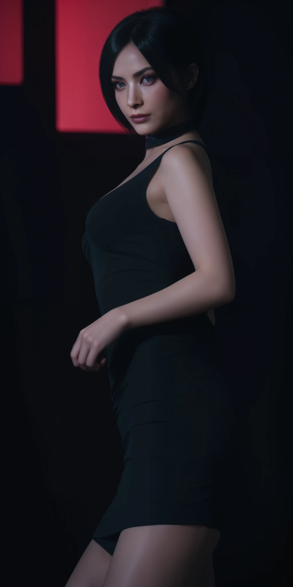 a beautiful woman with long dark hair, piercing blue eyes, and delicate facial features, wearing a sleek black dress, standing in a dimly lit urban setting with neon lights and rain, (best quality, 4k, 8k, highres, masterpiece:1.2), ultra-detailed, (realistic, photorealistic, photo-realistic:1.37), dramatic lighting, moody atmosphere, cyberpunk, neo-noir, intricate details, cinematic