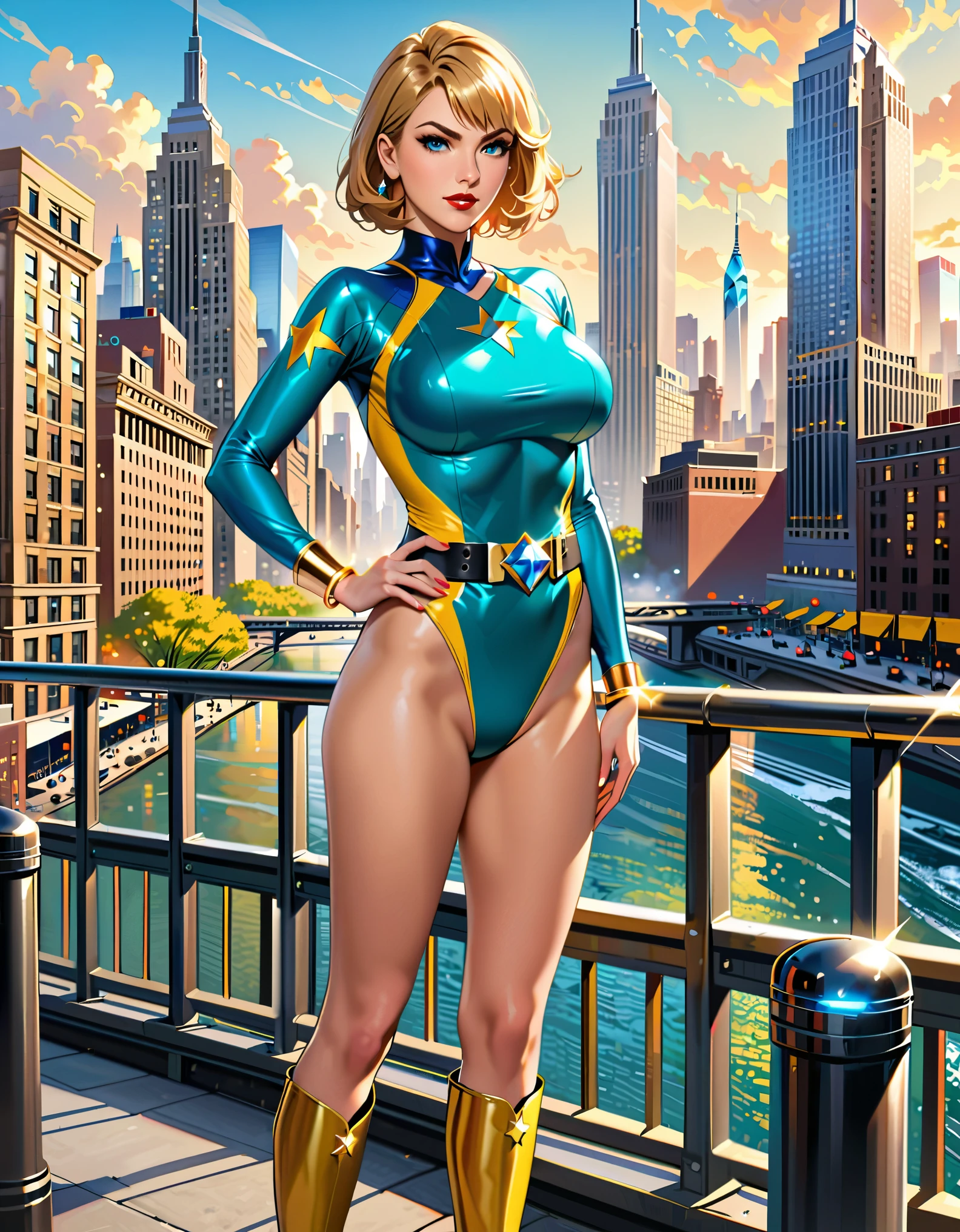 (masterpiece), (best quality), (hires), highly detailed, professional, 1lady, mature lady, tall body, (gold belt, tight belt), blonde hair, short hair, bob hair, blue eyes, beautiful detailed eyes, beautiful detailed face, (ankle-length boots, knee boots, yellow boots, yellow footwear), (large breasts, medium breasts), new york city backdrop, sky, cityscape, hands on hip, (teal and yellow leotard, competition swimsuit, sleeves, long sleeves, tight sleeves, perfect fit, perfect hands, complete fingers), (gold bracelets), (bare legs), red lips, skyscraper, solo, solo focus, superhero, ((gold star symbol on chest)), ((blue diamond belt buckle)), standing, cowboy shot, full body shot, full body with costume, heroic pose, semi-realistic, serious. heroic atmosphere.