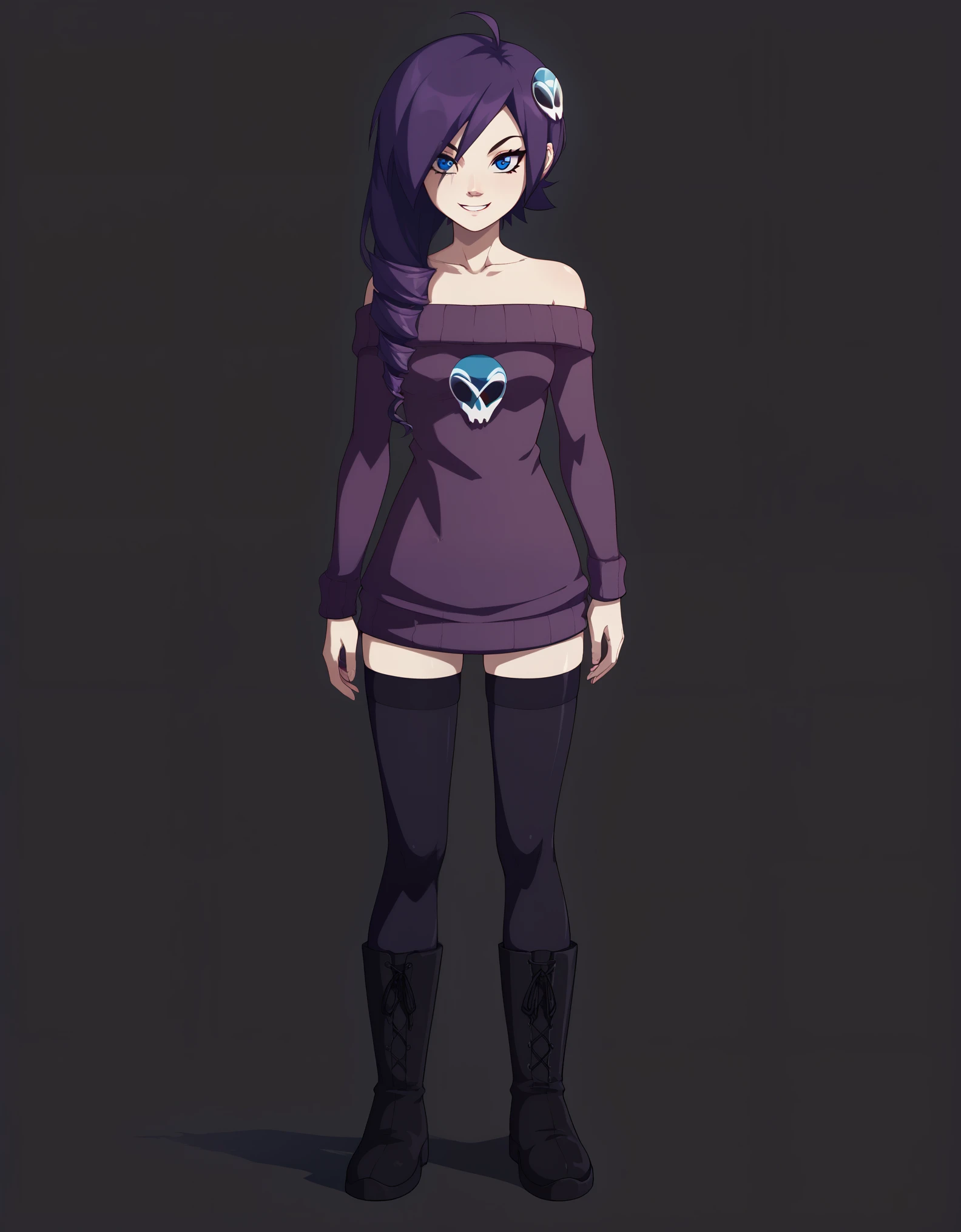 1girl, zonetan, drill hair, long hair, purple hair, skull hair ornament, ahoge, blue eyes, off-shoulder sweater, hip-high stockings, boots, standing, smile, front view, full body