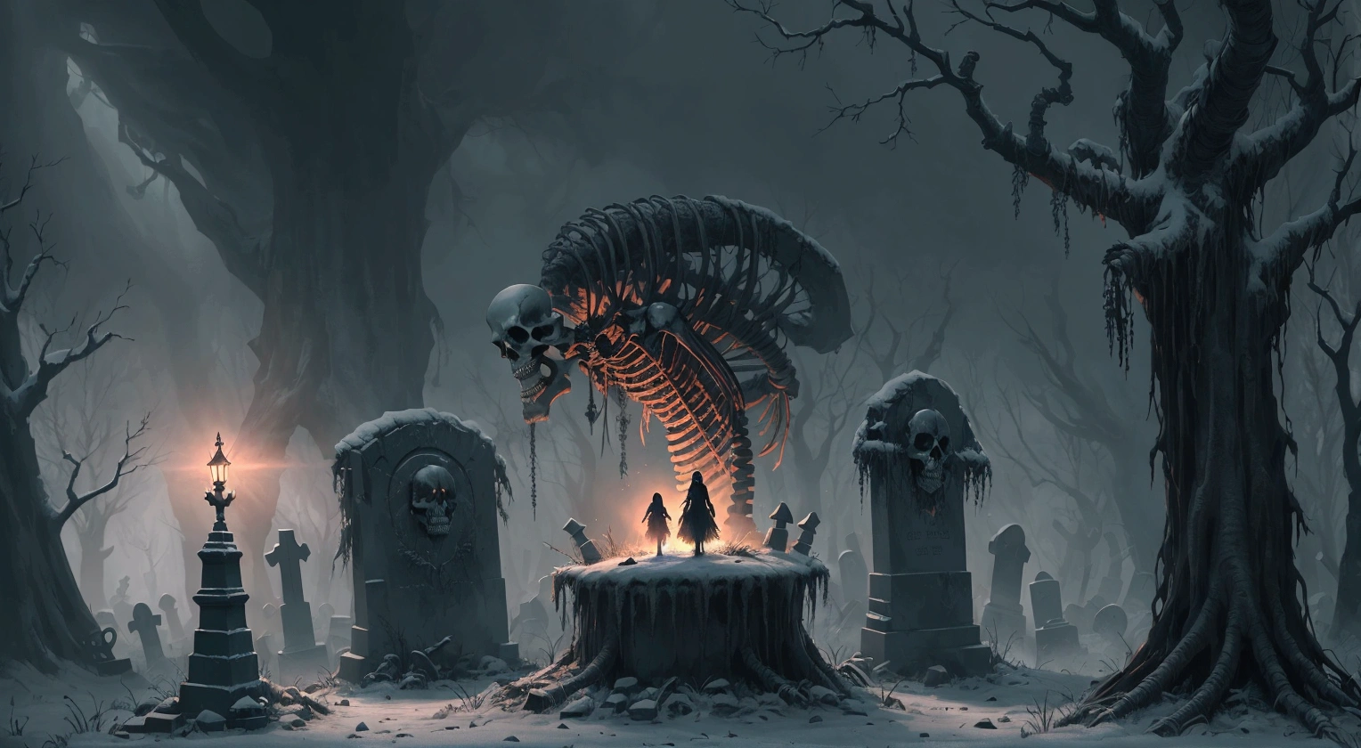 an animated scene of a graveyard with a skeleton standing in the middle of the woods, eerie and grim art style, dark graveyard scene, eerie art style, graveyard background, concept art scene, game concept art, winter concept art, game design concept art, concept art”, concept art ”, horror concept art, grim atmosphere, odin's stone arena background, creepy atmosphere, animation concept art, 2 d cg, concept art!, grim, cosmic horror concept art, background artwork