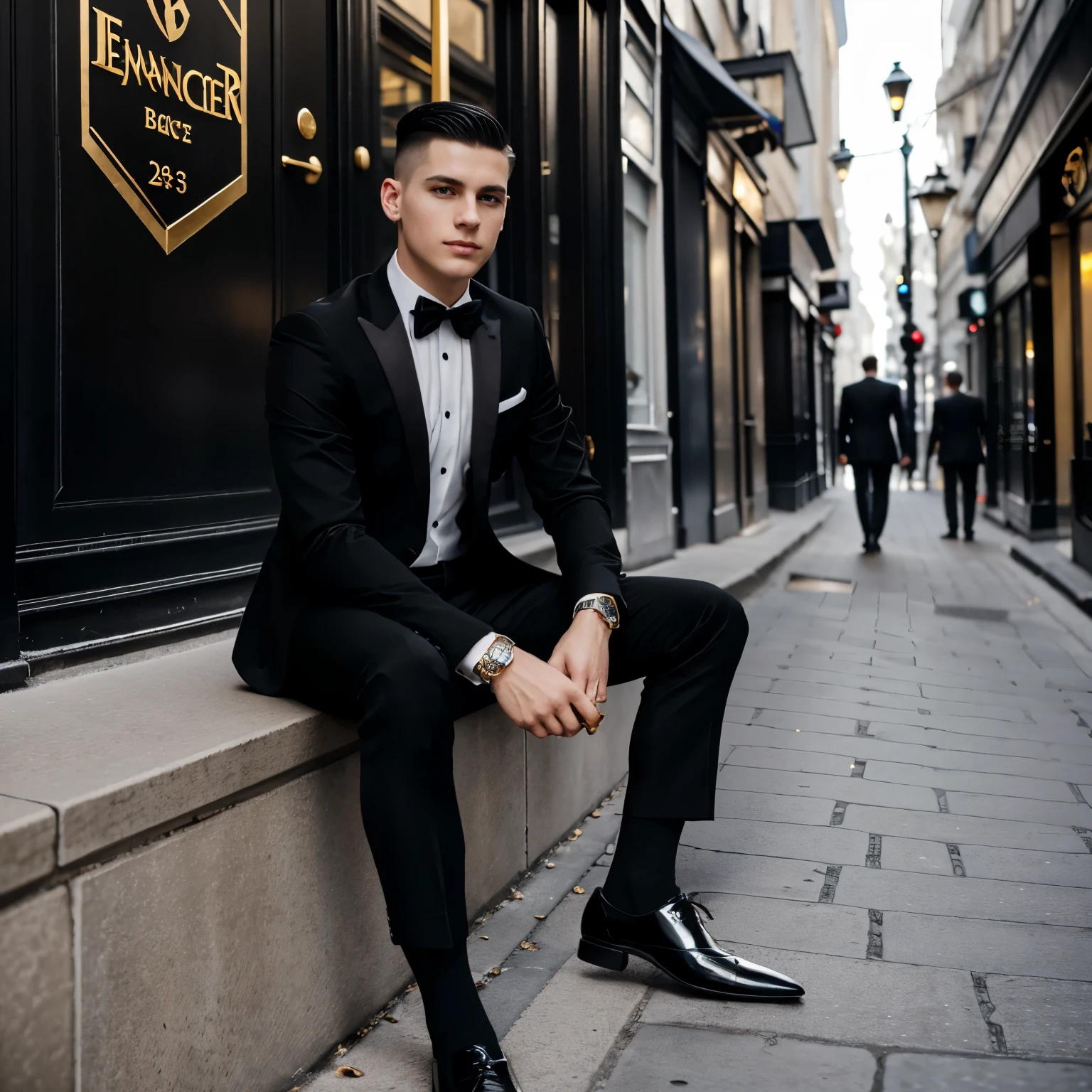 Full body Portrait,  Picture Of A Really slim teeenage white european boy with Short clean dark undercut haircut,  With Black Eyes,  Wearing dapper black suit and black tie , elegant black shoes and black sheer socks, gold signet ring with a black gem, eating Snickers Ice Cream, in Montreal, rue Sainte Catherine, Canada