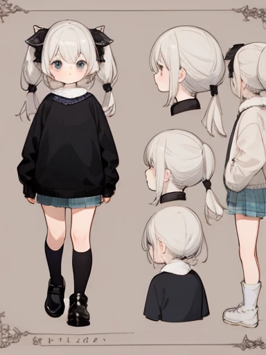  girl, pigtails, (front view), fantasy setting, ((character sheet)), cozy oversized clothing 