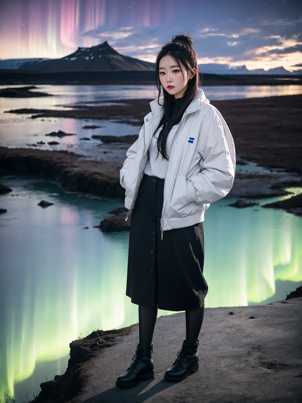 Aurora Background, Iceland, 1 woman, stylish clothes,