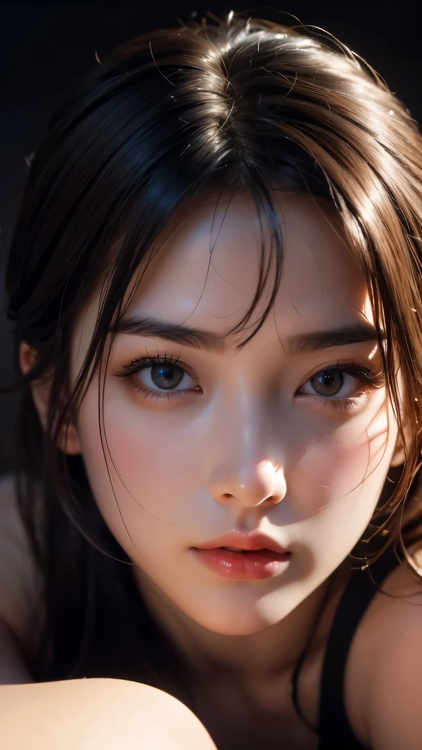 masterpiece, best quality, RAW photos, high resolution, hyper-detailing, Focus on the face, looking at viewer, Detailed eyebrows, realistic beautiful eyes, realistic glossy skin, straight Bangs, realistic movie lighting, detail shaded, high contrast, ((Dark background)), all fours
