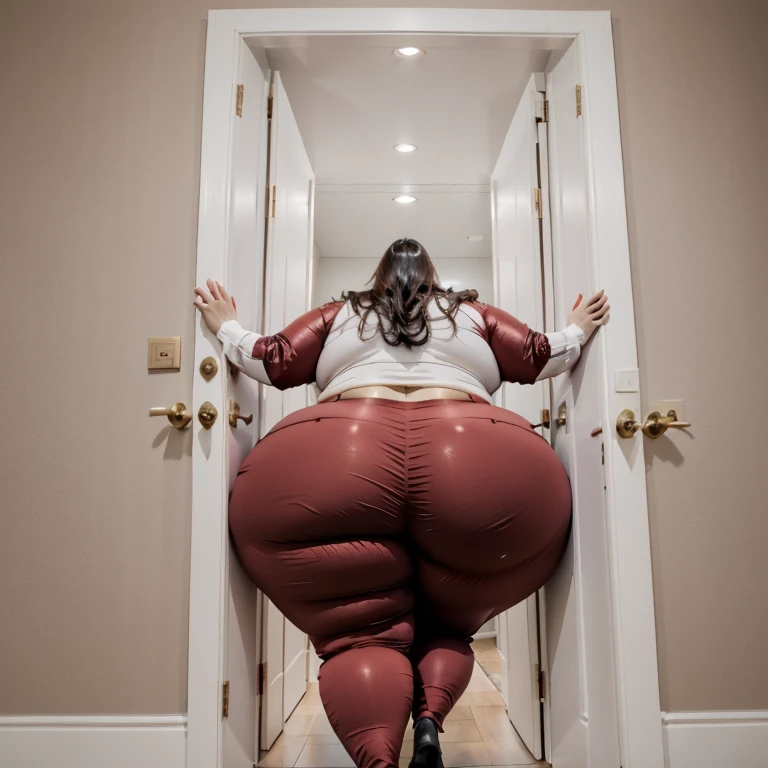 masterpiece, 1girl tall, fat, bottom heavy ssbbw british, 30 year old, behind a doorway, from behind, (doorstuck, stuckback:1.3), big belly, huge wide hips, massive butt, thick thighs, colorful clothing, wearing a red suit and tie and formal pants, upset, she tries to wiggle her big body through the door, but the door is too small and she is stuck tight, she kicks and swings her legs back and forth in a panic, she is way too big and round to fit through,, she looks behind at the viewer politely asking for some help as she tries to pull herself out with all her might, she swings her hips desperately