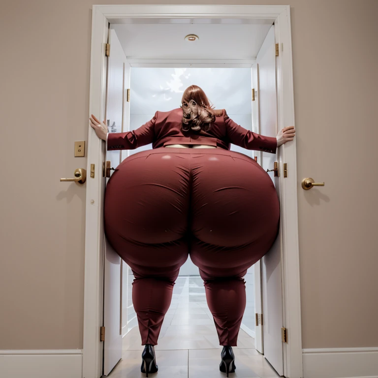 masterpiece, 1girl tall, fat, bottom heavy ssbbw british, 30 year old, behind a doorway, from behind, (doorstuck, stuckback:1.3), big belly, huge wide hips, massive butt, thick thighs, colorful clothing, wearing a red suit and tie and formal pants, upset, she tries to wiggle her big body through the door, but the door is too small and she is stuck tight, she kicks and swings her legs back and forth in a panic, she is way too big and round to fit through,, she looks behind at the viewer politely asking for some help as she tries to pull herself out with all her might, she swings her hips desperately