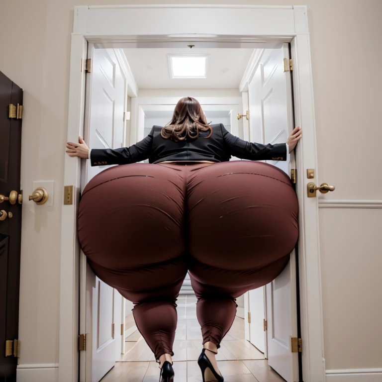 masterpiece, 1girl tall, fat, bottom heavy ssbbw british, 30 year old, behind a doorway, from behind, (doorstuck, stuckback:1.3), big belly, huge wide hips, massive butt, thick thighs, colorful clothing, wearing a red suit and tie and formal pants, upset, she tries to wiggle her big body through the door, but the door is too small and she is stuck tight, she kicks and swings her legs back and forth in a panic, she is way too big and round to fit through,, she looks behind at the viewer politely asking for some help as she tries to pull herself out with all her might, she swings her hips desperately