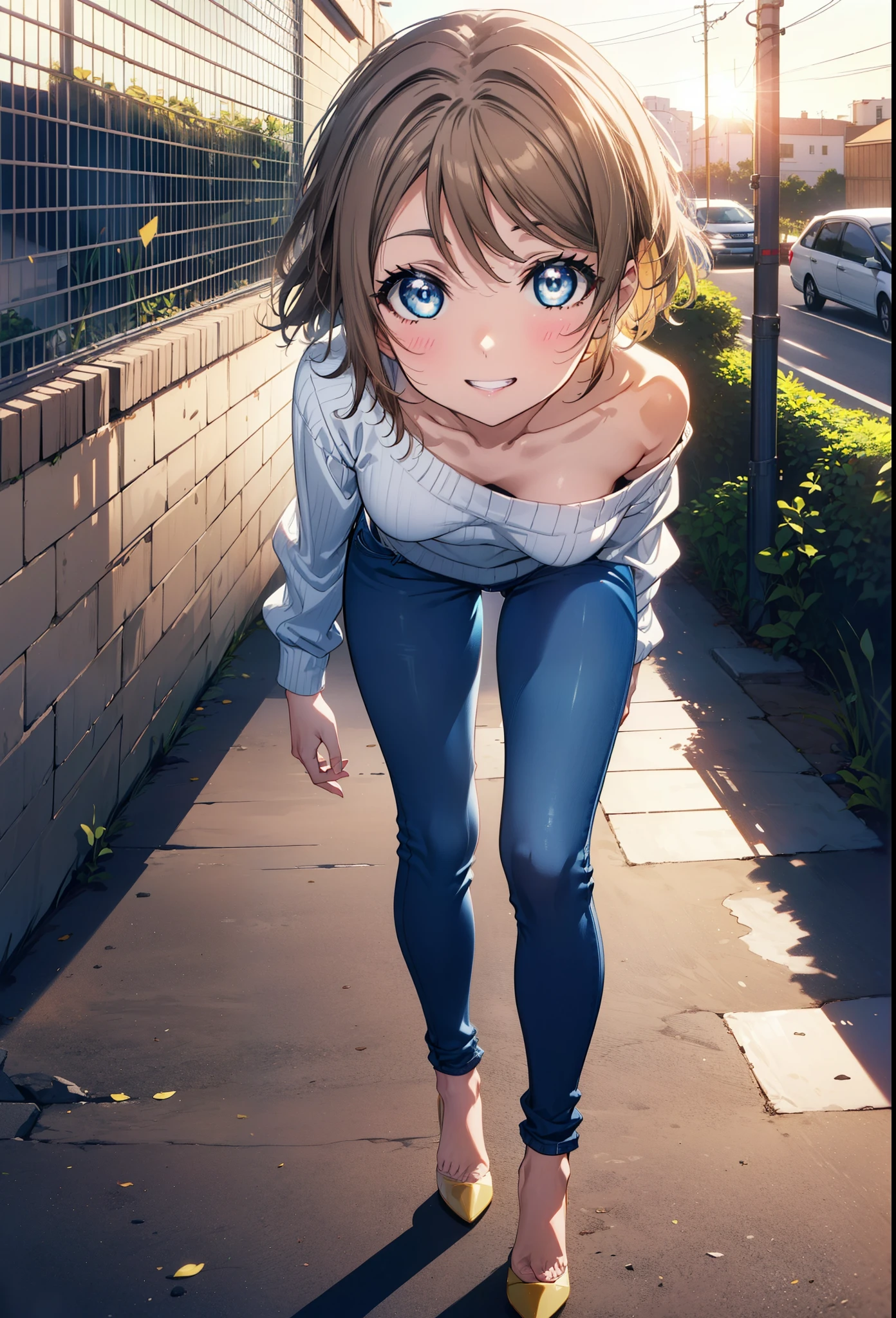 Yo Watanabe, Watanabe Yo, short hair, blue eyes, Brown Hair, smile, Grin,One-shoulder sweater,Skinny jeans,Stiletto heels,Walking,morning,morning陽,The sun is rising,whole bodyがイラストに入るように,
break outdoors, ビル街
break looking at viewer, whole body,
break (masterpiece:1.2), Highest quality, High resolution, unity 8k wallpaper, (figure:0.8), (Beautiful attention to detail:1.6), Highly detailed face, Perfect lighting, Highly detailed CG, (Perfect hands, Perfect Anatomy),